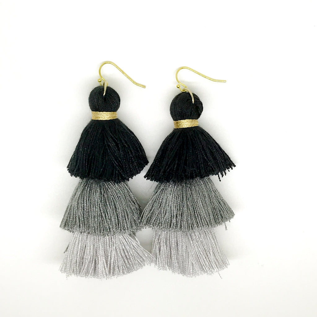 Monochrome Tri Tassel Earrings